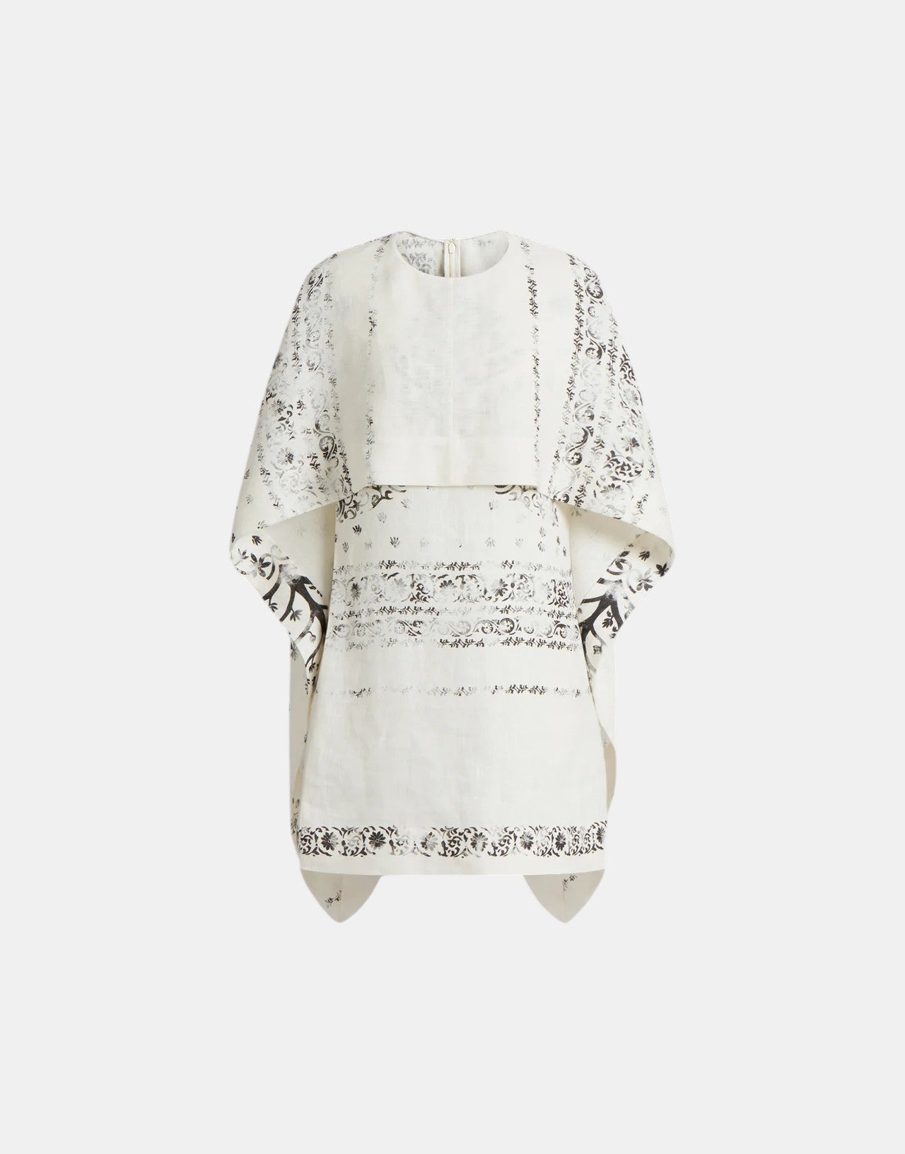 Kurzes Kleid aus bedrucktem Leinen mit Cape