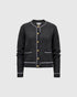 Charcoal grey cardigan with gold-tone buttons, white contrast stitching and patch pockets, front view.