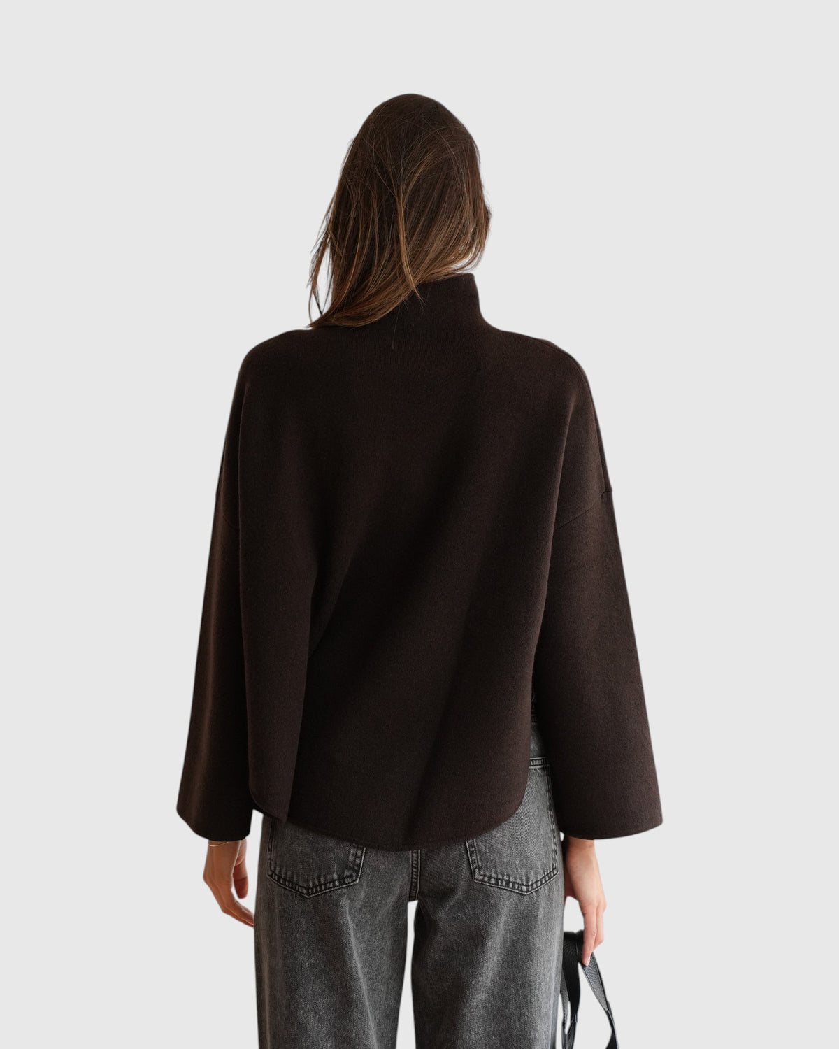 Allude Oversize-Pullover mit Stehkragen in Braun – Rückansicht Detail am Model