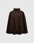 Brown oversized sweater, front view with a stand collar, dropped shoulders and a flared hem.