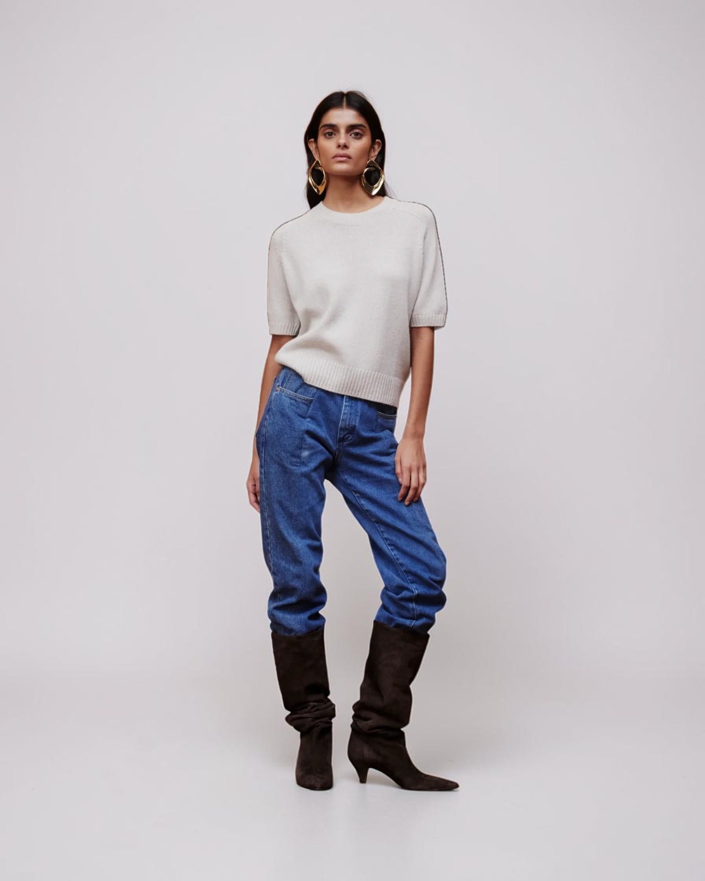 Cashmerepullover Kurzarm Beige