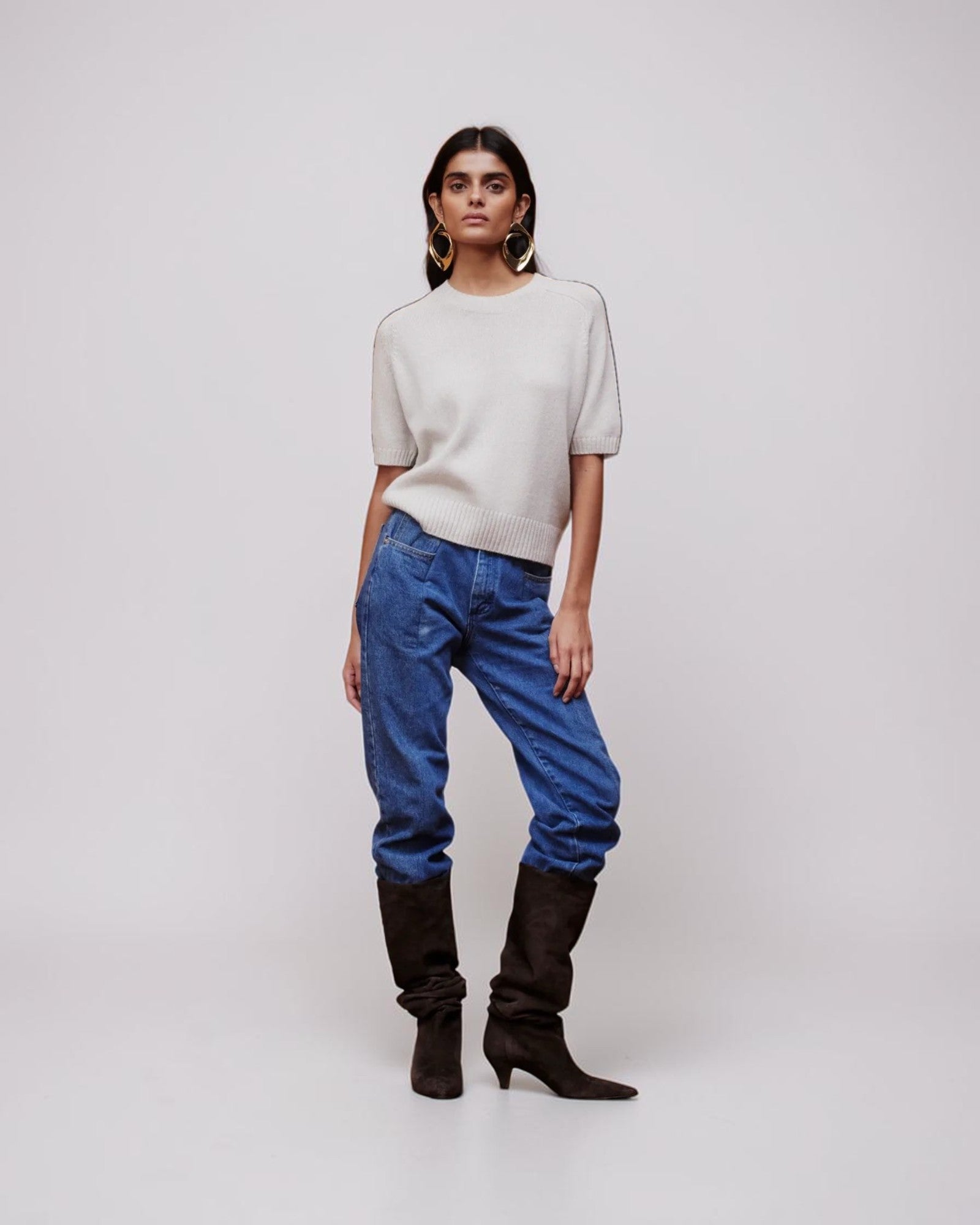 Cashmerepullover Kurzarm Beige