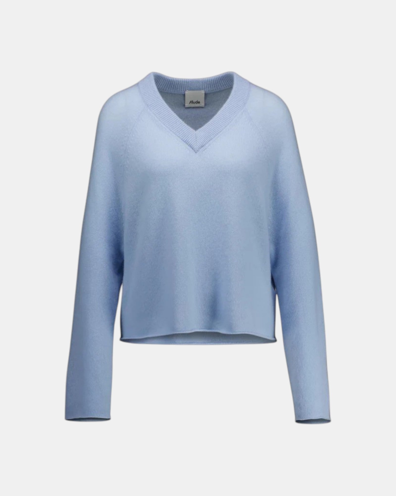 Allude Cashmerepullover mit V-Ausschnitt Hellblau als Freisteller von vorne
