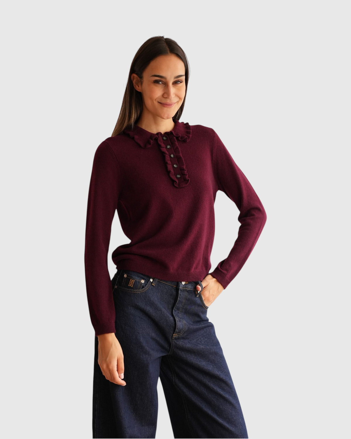 Polo-Pullover mit Rüschen Burgundy