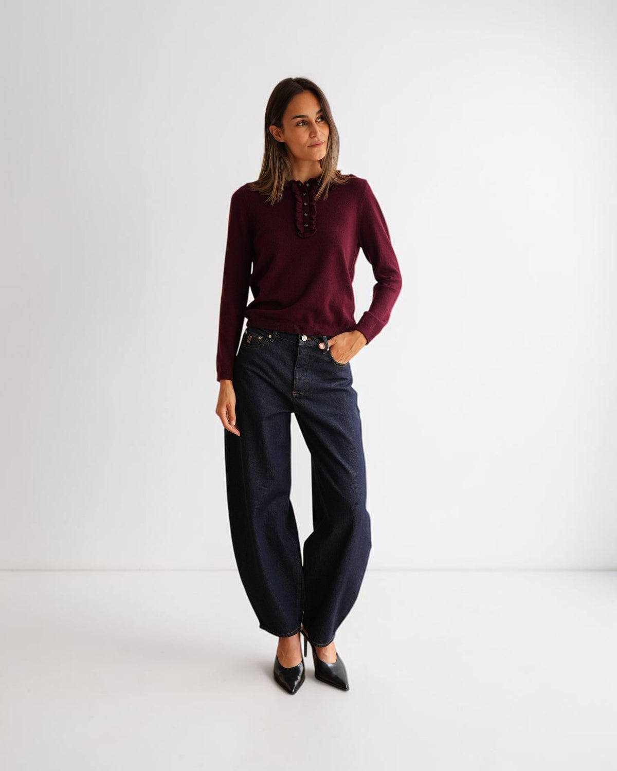 Polo-Pullover mit Rüschen Burgundy