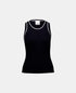 Navy ribbed tank top with off-white trim around the neckline and armholes, front view.