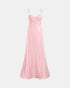 Pale pink satin dress with sculpted cups, thin tie straps and a flowing skirt, front view.