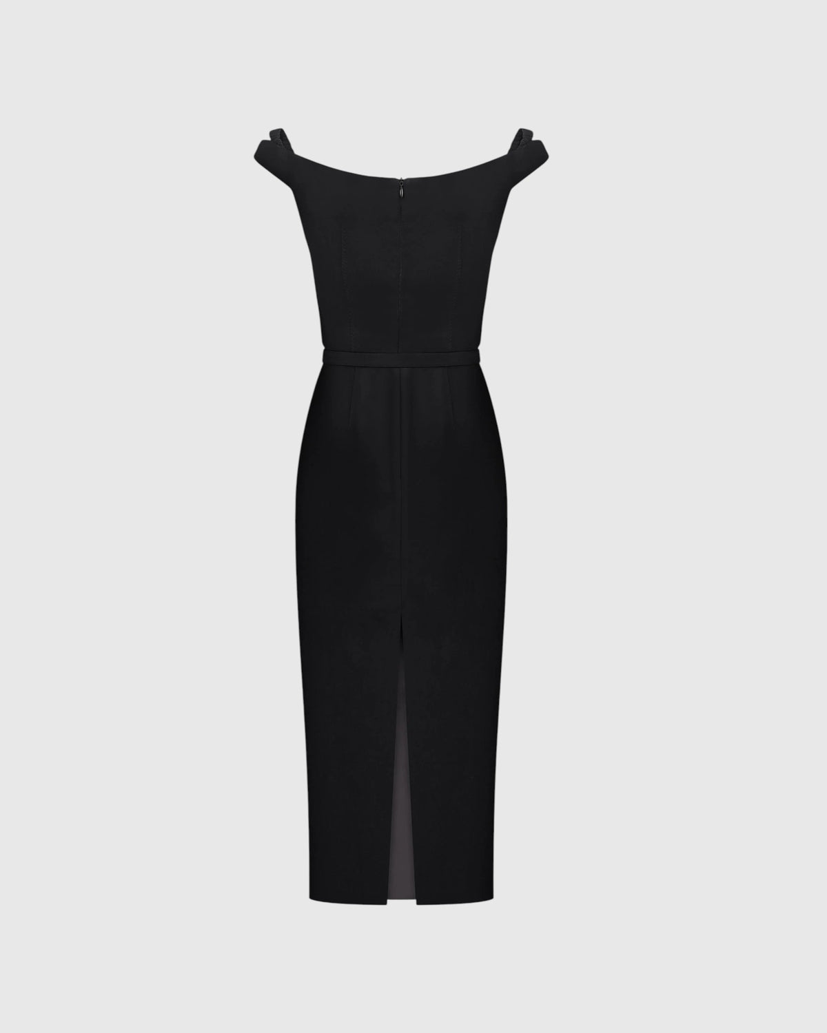 Schwarzes Midikleid von Anna October mit rückwärtigem Reißverschluss und Schlitz, Rückansicht