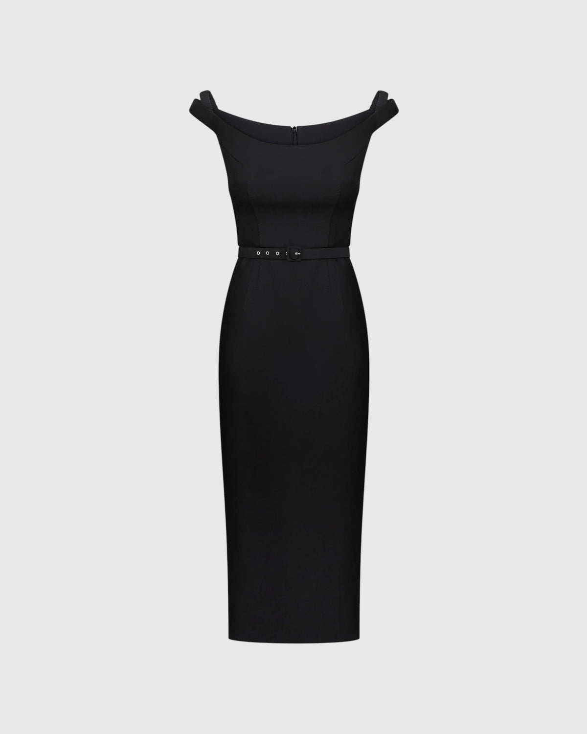Schulterfreies Midikleid von Anna October in Schwarz mit schmalem Gürtel, Vorderansicht