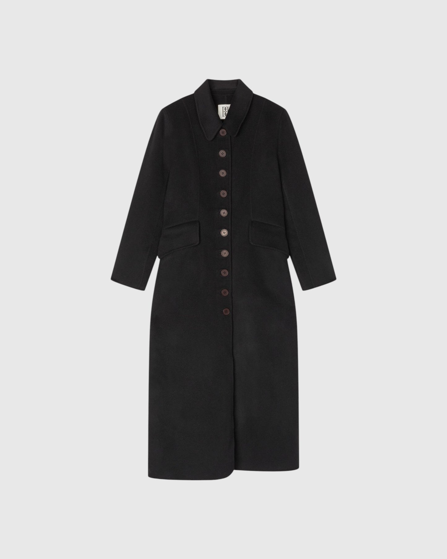 By Malene Birger Maxi-Wollmantel in Schwarz als Freisteller mit Knopfleiste und abgerundetem Kragen