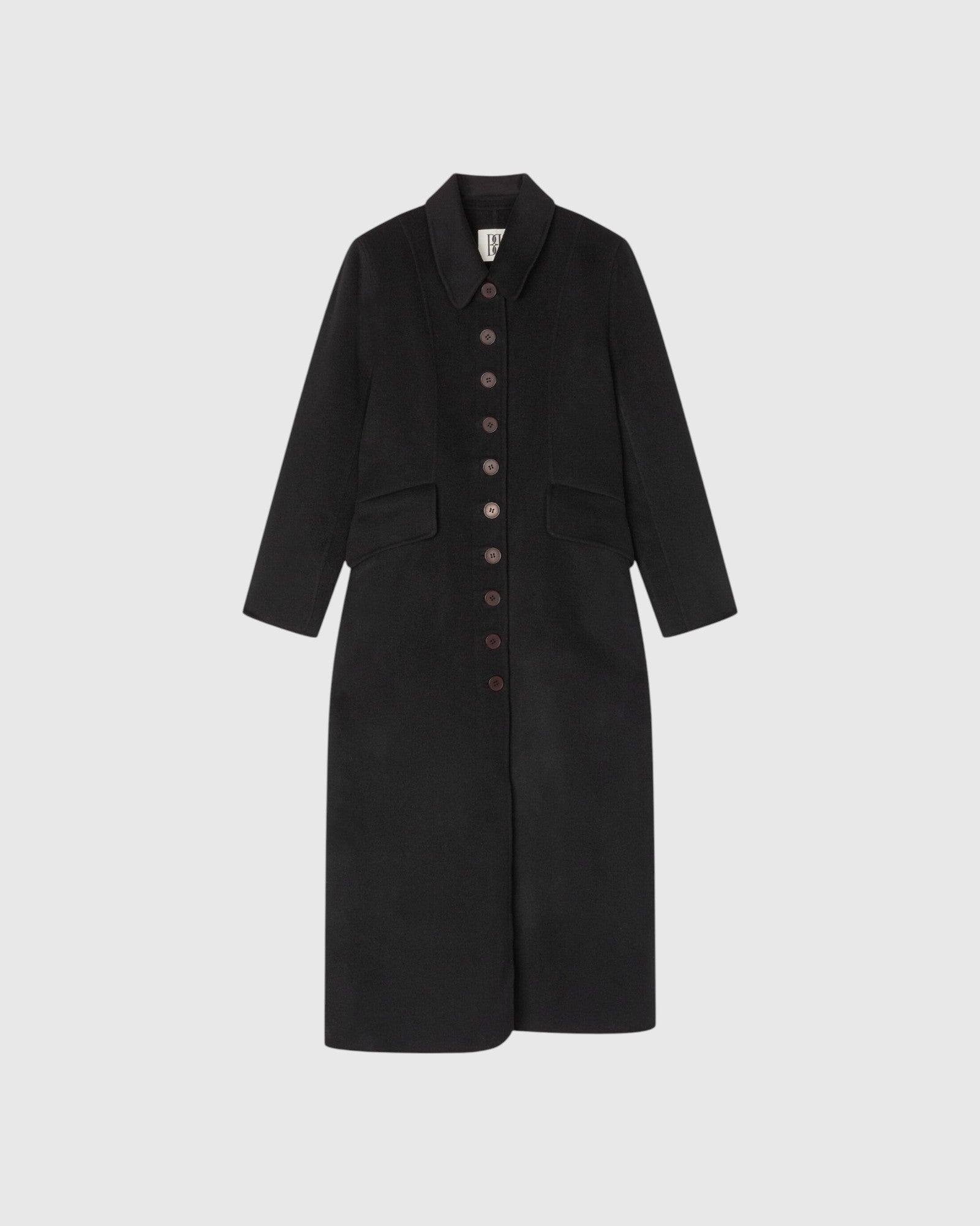 By Malene Birger Maxi-Wollmantel in Schwarz als Freisteller mit Knopfleiste und abgerundetem Kragen