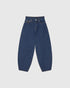 Dark blue barrel-leg jeans, front view with curved legs and classic front pockets.