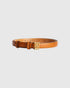 Cognac Marlos leather belt with a gold-tone monogram buckle and stitched edges.
