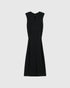 Black sleeveless dress, front view with structured shoulders, a keyhole neckline and a defined waist.