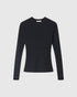 Black ribbed sweater, front view with a crew neck and long sleeves.