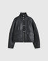 Black Suzanne leather jacket, front view with a stand collar, zip, press studs and large flap pockets.