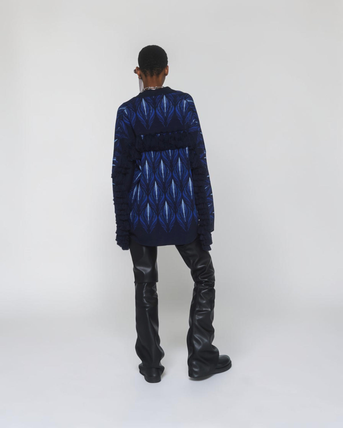Jacquard-Cardigan mit Fransen Pfauenblau
