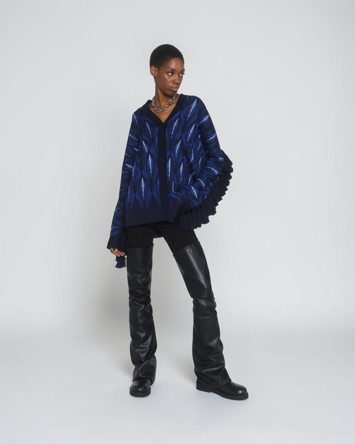Jacquard-Cardigan mit Fransen Pfauenblau
