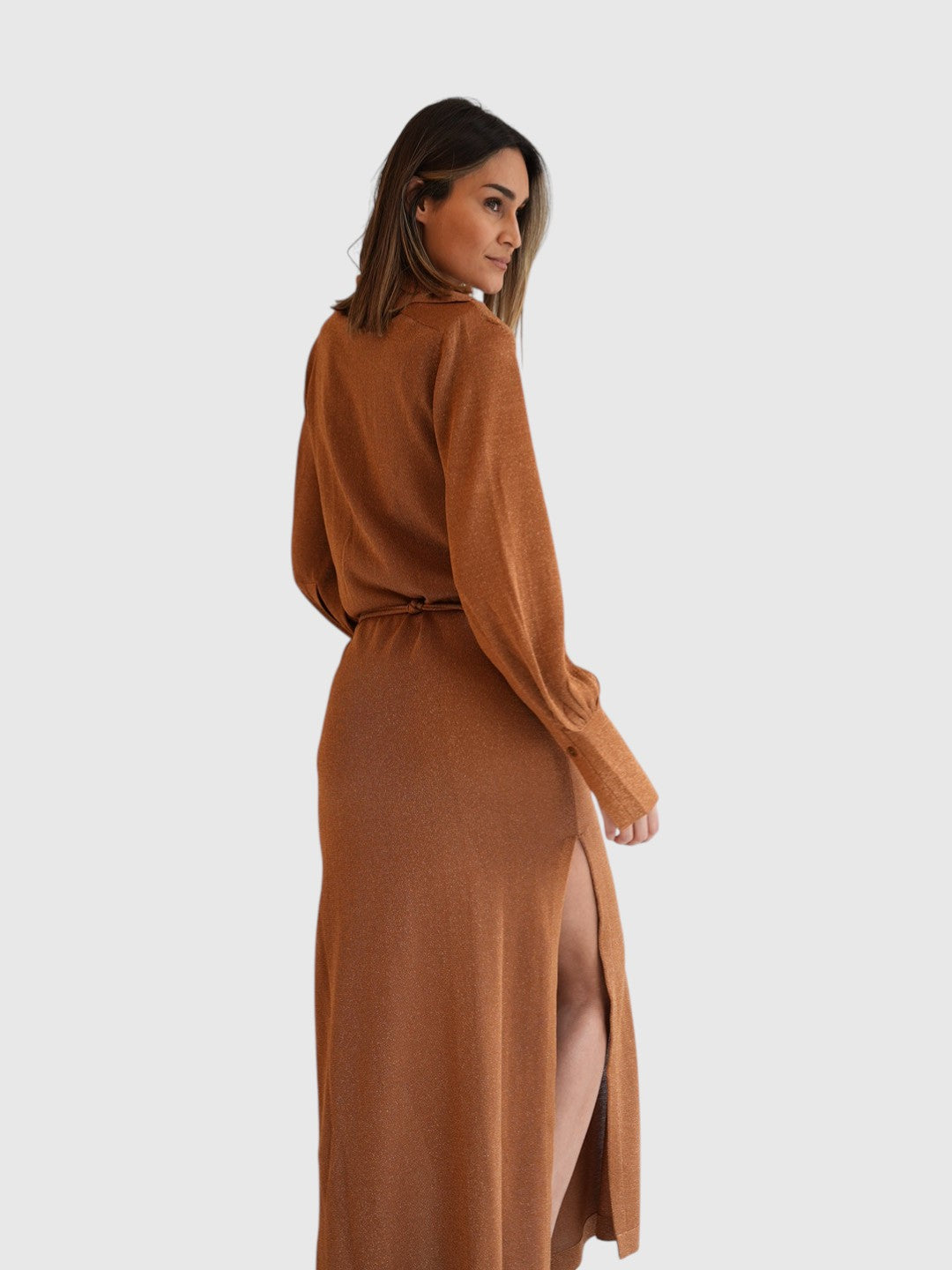Circus Hotel Kleid Langarm mit Gürtel Amber Gold im getragenen Styling von hinten