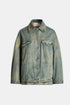 Oversized faded blue denim jacket with flap chest pockets, front view.
