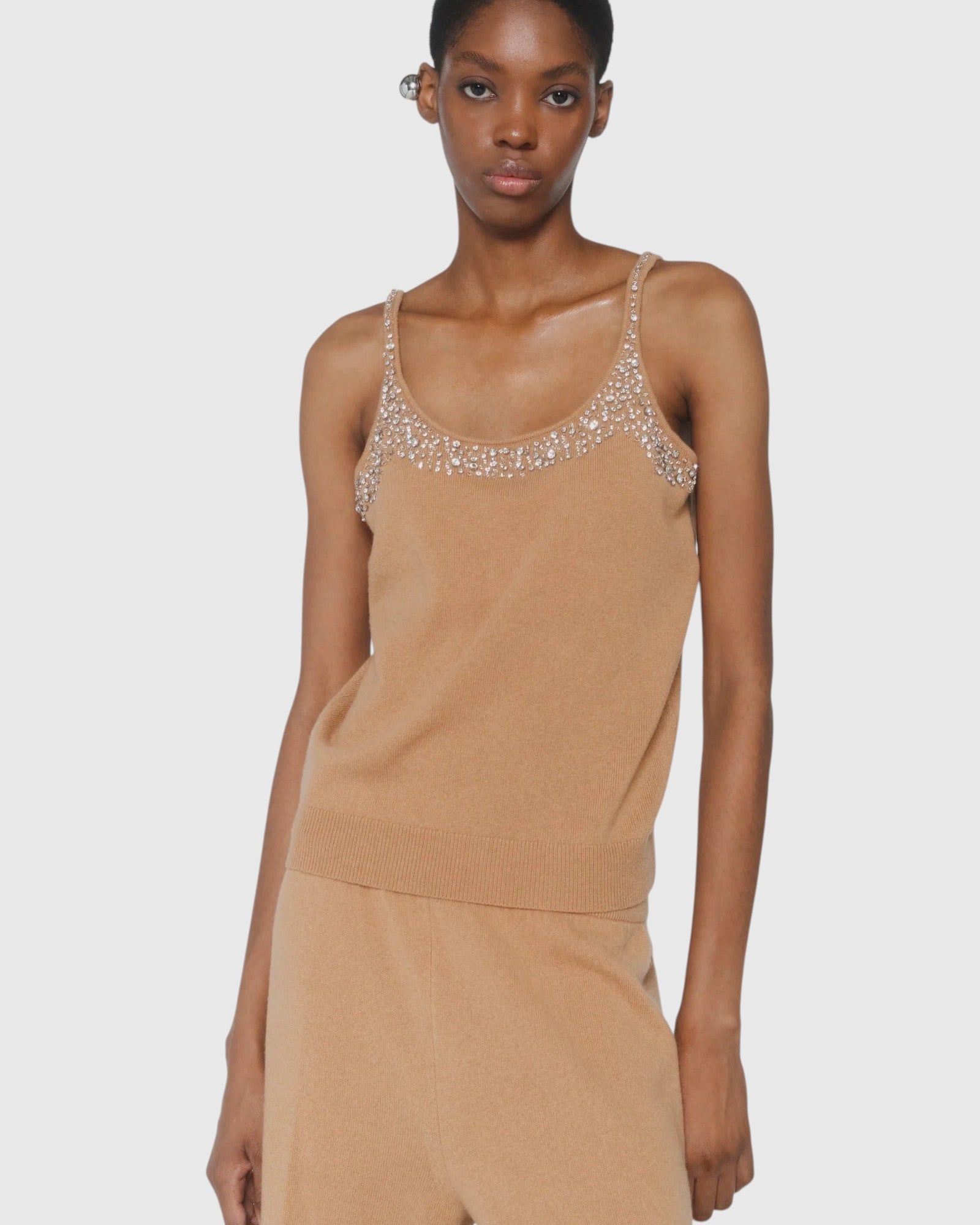 Handbesticktes Strass-Top Beige