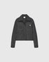 Black and white denim-tweed overshirt with a pointed collar, two chest pockets and contrast stitching, front view.