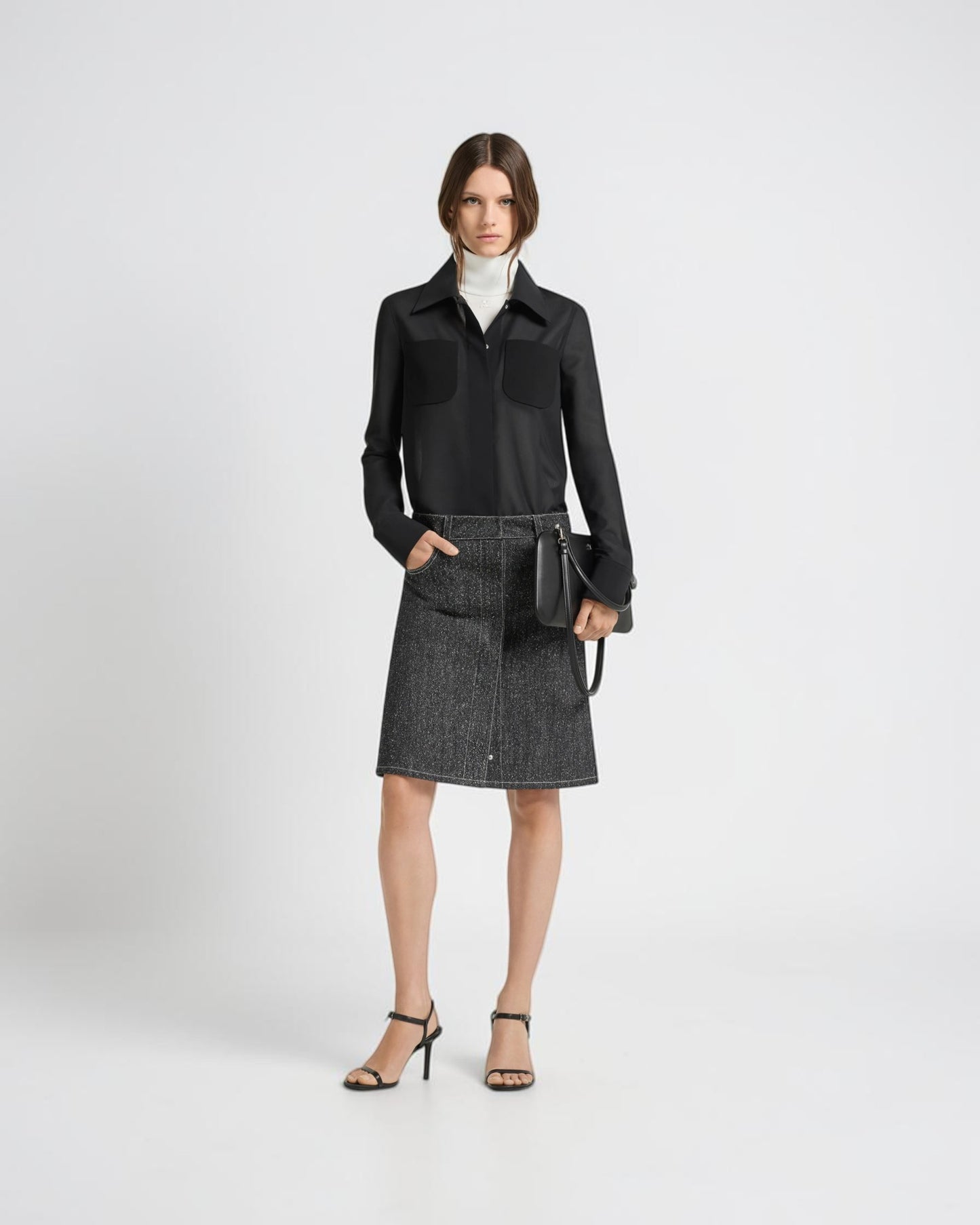 Bleistiftrock aus Denim-Tweed Schwarz Weiß
