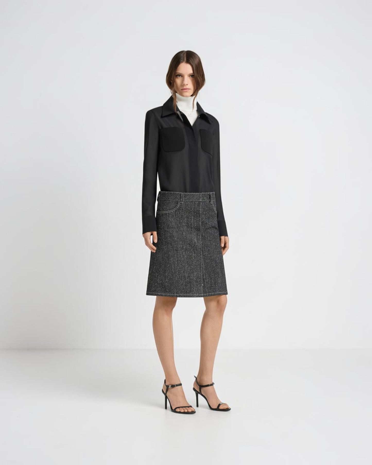 Bleistiftrock aus Denim-Tweed Schwarz Weiß