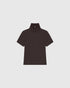 Dark brown T-shirt with short sleeves, a zip-up stand collar and a tonal AC logo, front view.