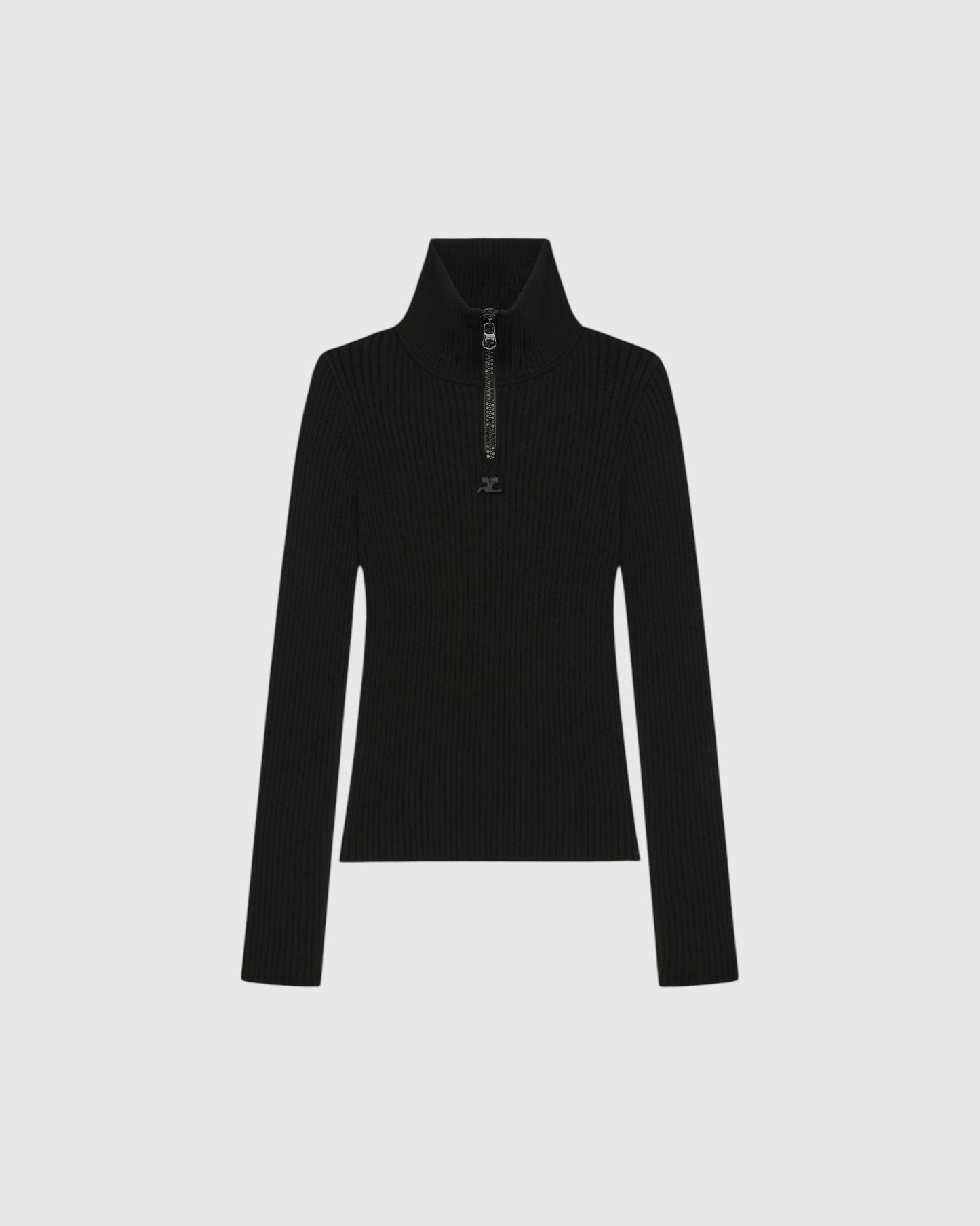Courrèges Rippstrick-Pullover mit Zip-Kragen in Schwarz als Produktfreisteller von vorne