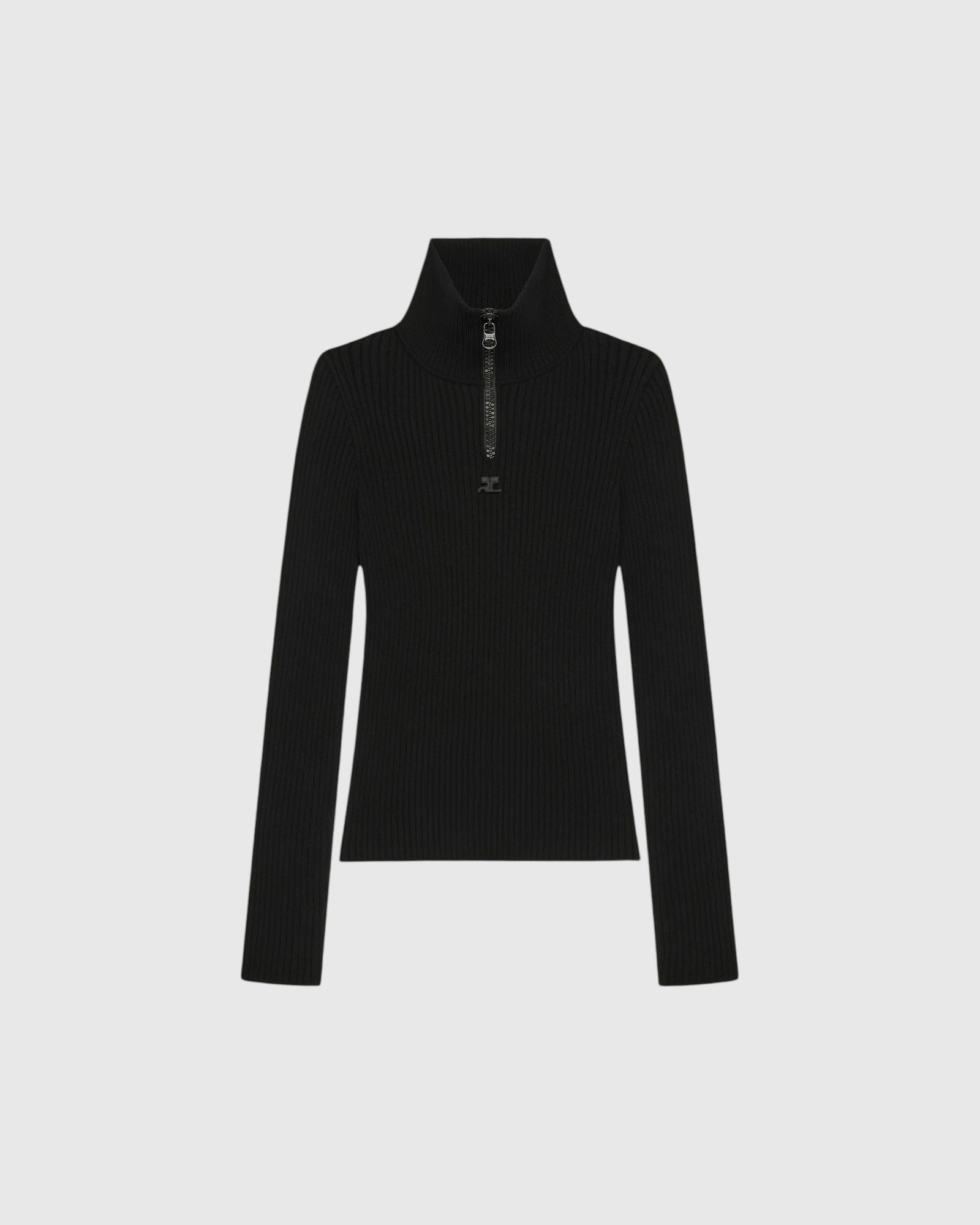Rippstrick-Pullover mit Zip-Kragen Schwarz