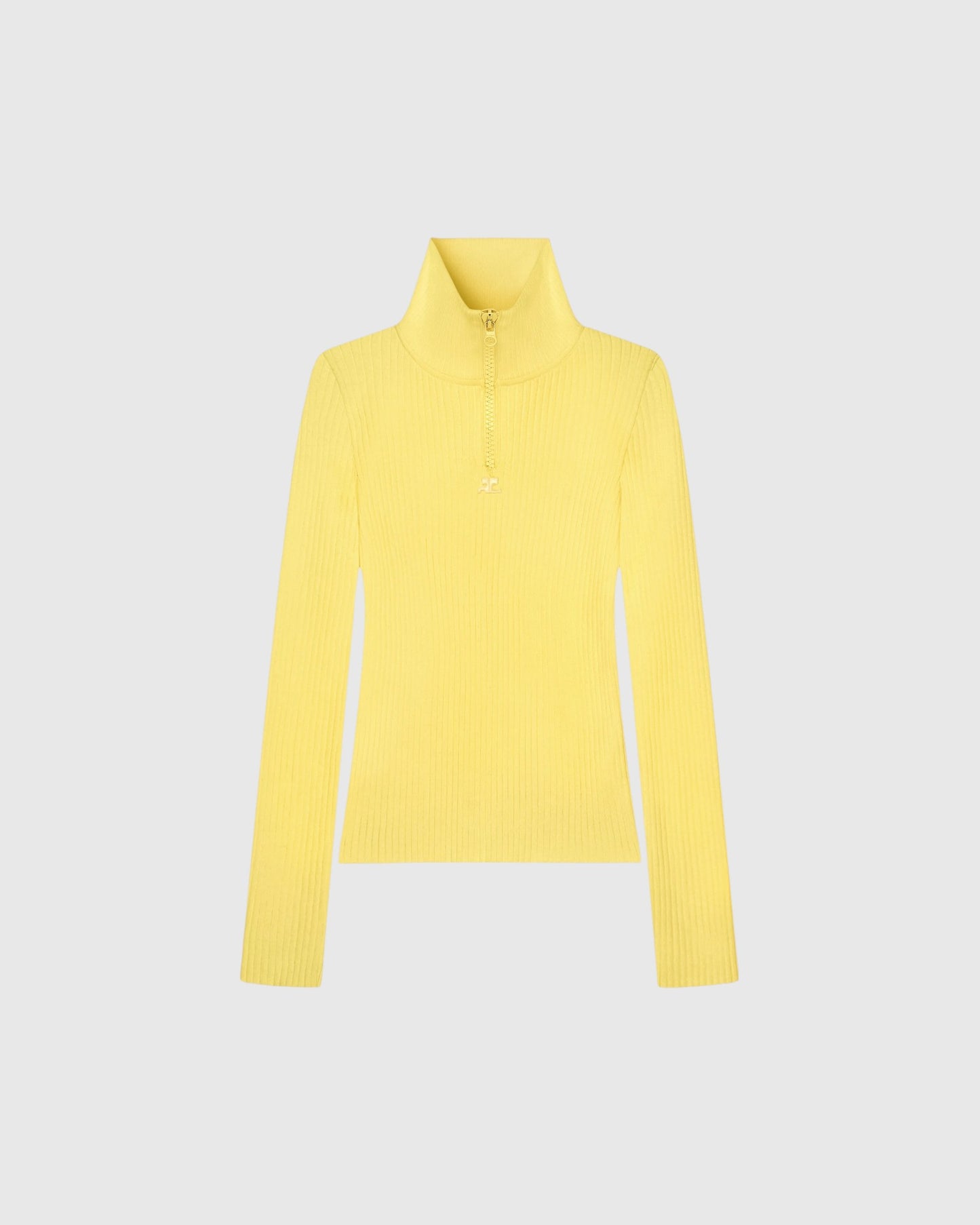 Courrèges Rippstrick-Pullover mit Zip-Kragen in Gelb als Produktfreisteller von vorne
