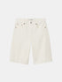 White baggy denim shorts with belt loops and front pockets, front view.
