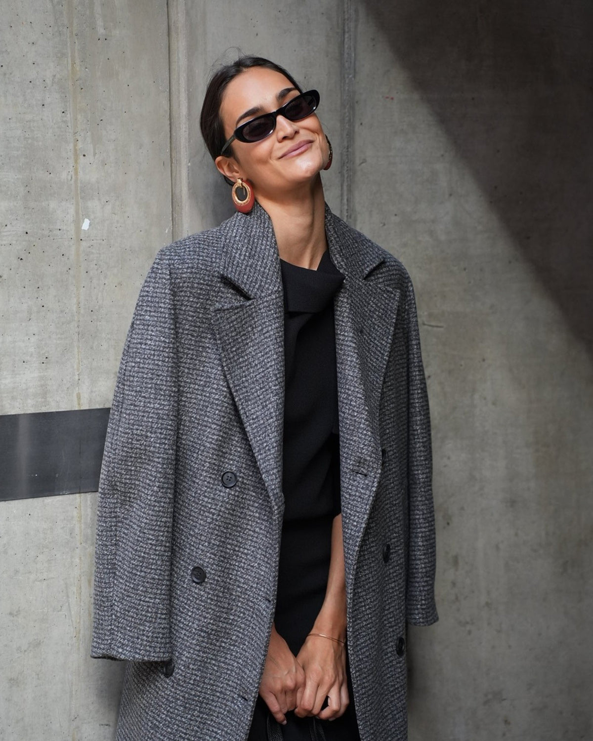 Oversized Wollmantel mit Hahnentrittmuster Grau