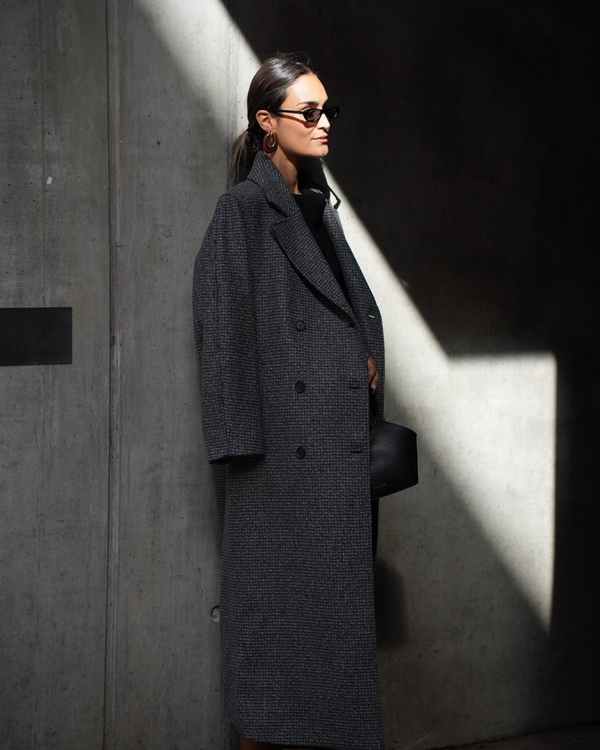 Oversized Wollmantel mit Hahnentrittmuster Grau