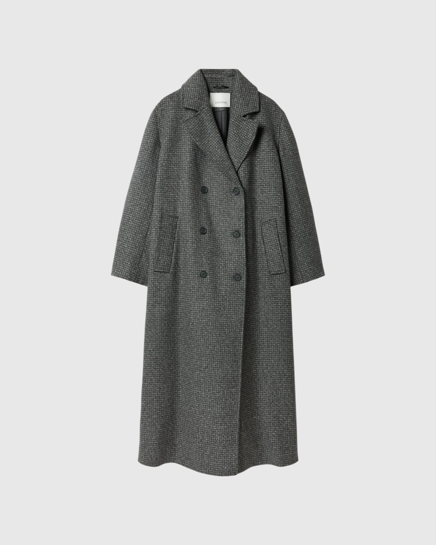 Grauer Oversized-Wollmantel mit Hahnentrittmuster von House of Dagmar in Vorderansicht