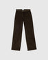 Dark brown corduroy pants with long, straight legs, front view.