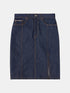 Dark blue knee-length denim skirt with contrast stitching and a front slit, front view.