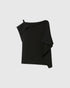 Black asymmetric knit top with a folded neckline and draped side panel, front view.