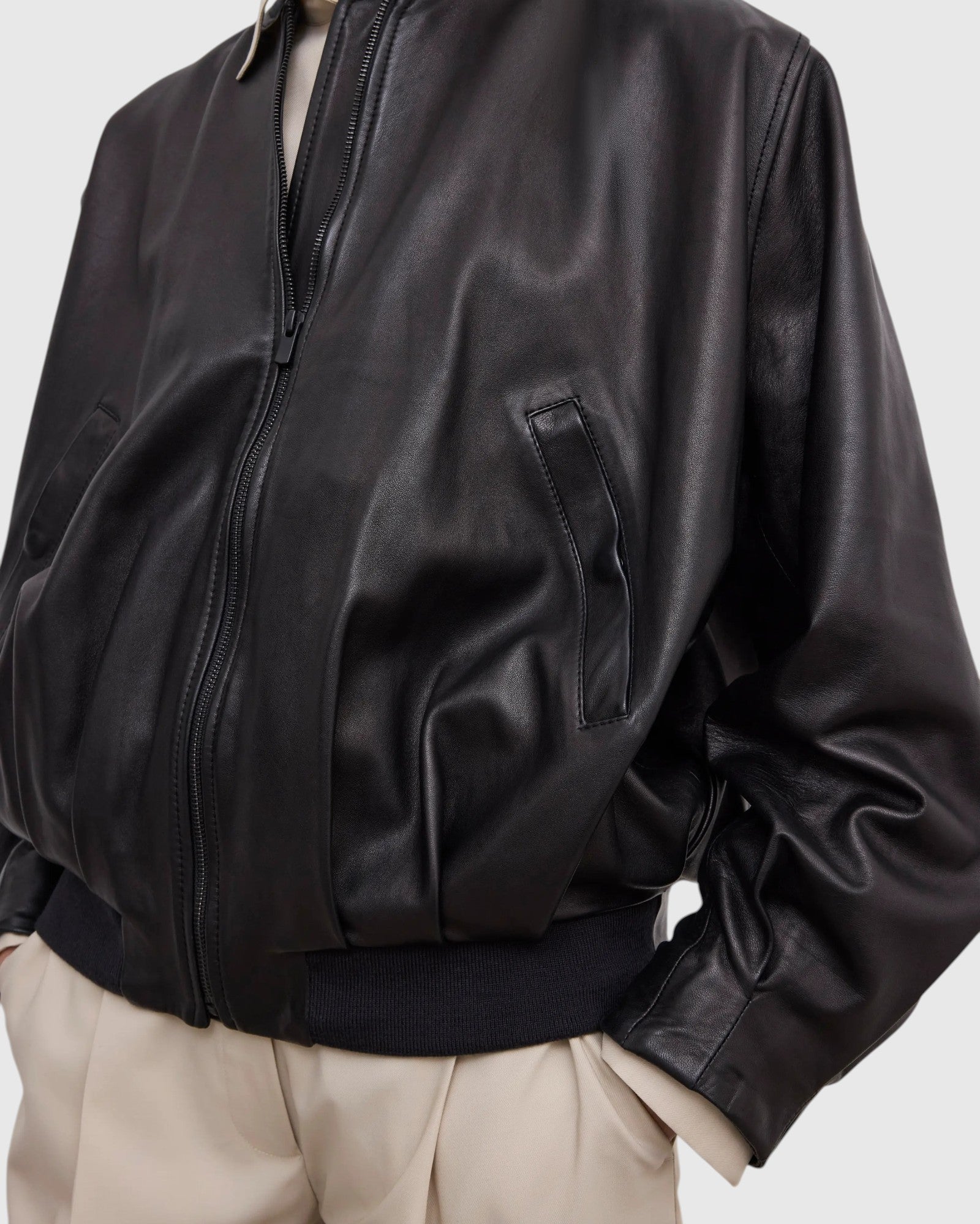 Oversized Lederblouson Schwarz