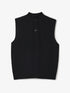 Black sleeveless knit top with a short button placket and stand collar, front view.