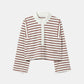 House of Dagmar Gestreiftes Rugbyshirt Offwhite Mahagonirot als Freisteller von vorne