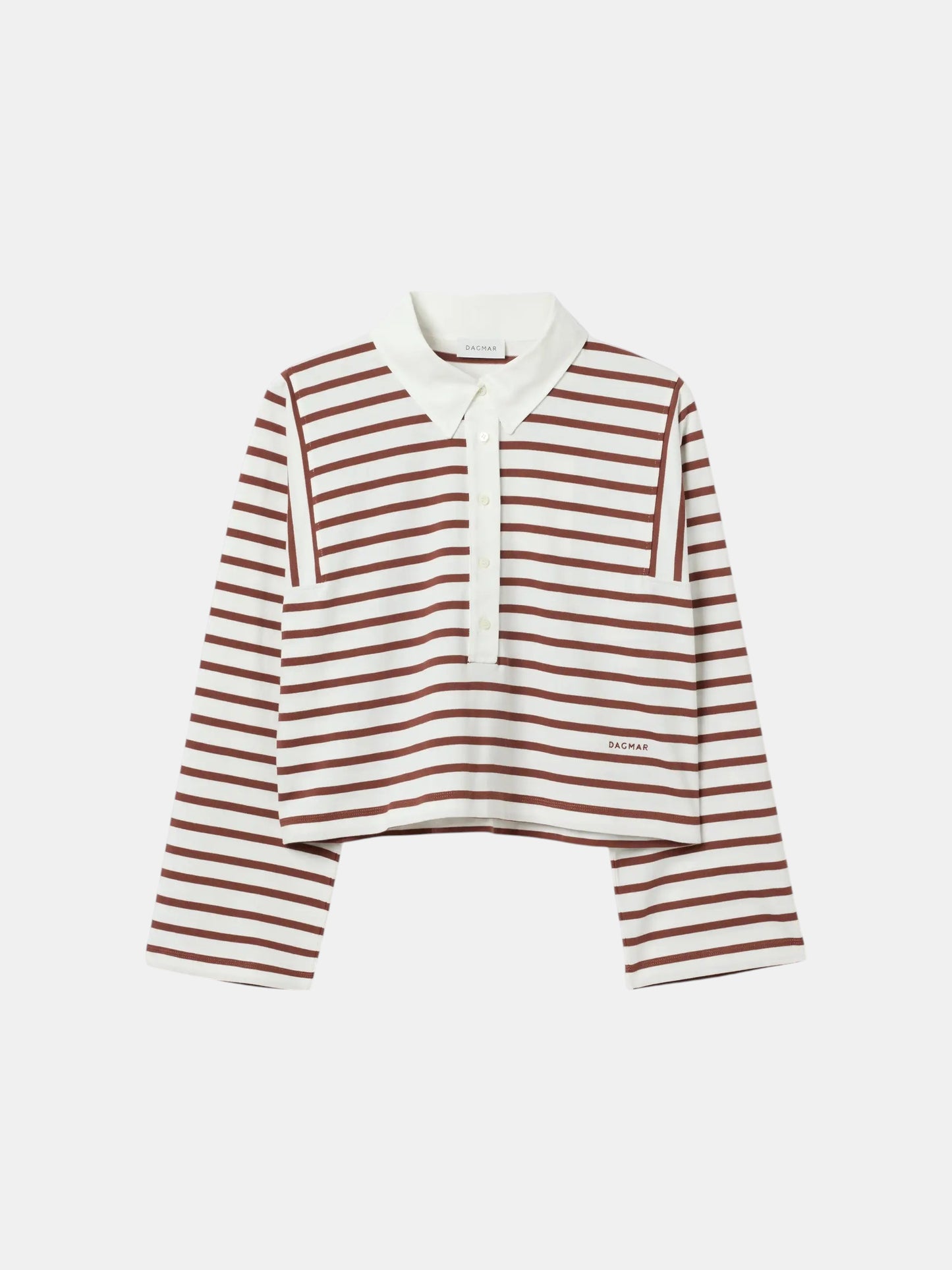House of Dagmar Gestreiftes Rugbyshirt Offwhite Mahagonirot als Freisteller von vorne