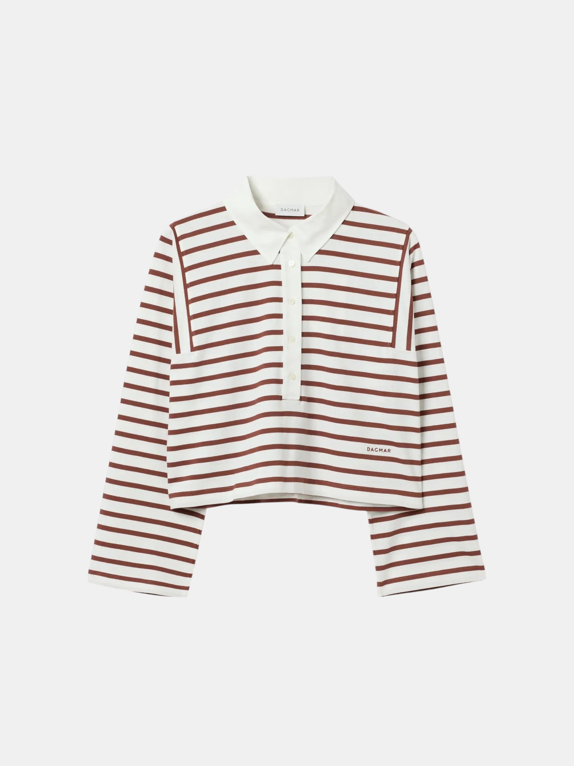 House of Dagmar Gestreiftes Rugbyshirt Offwhite Mahagonirot als Freisteller von vorne