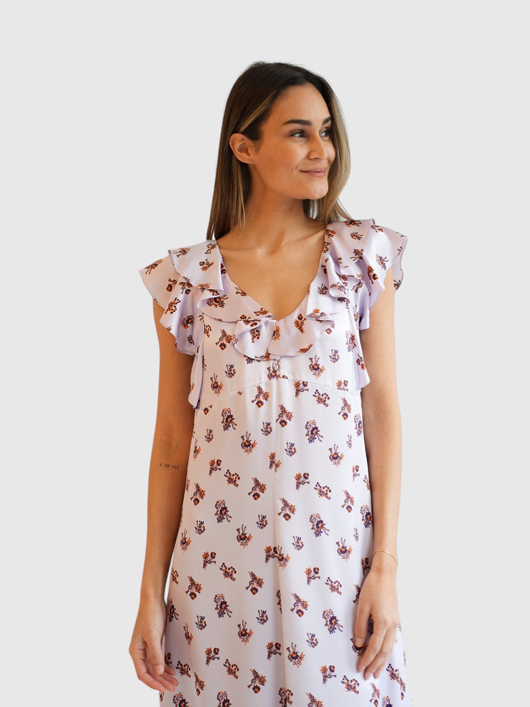 Dorothee Schumacher Kleid Seide Floral Print am Model Detailansicht vorne