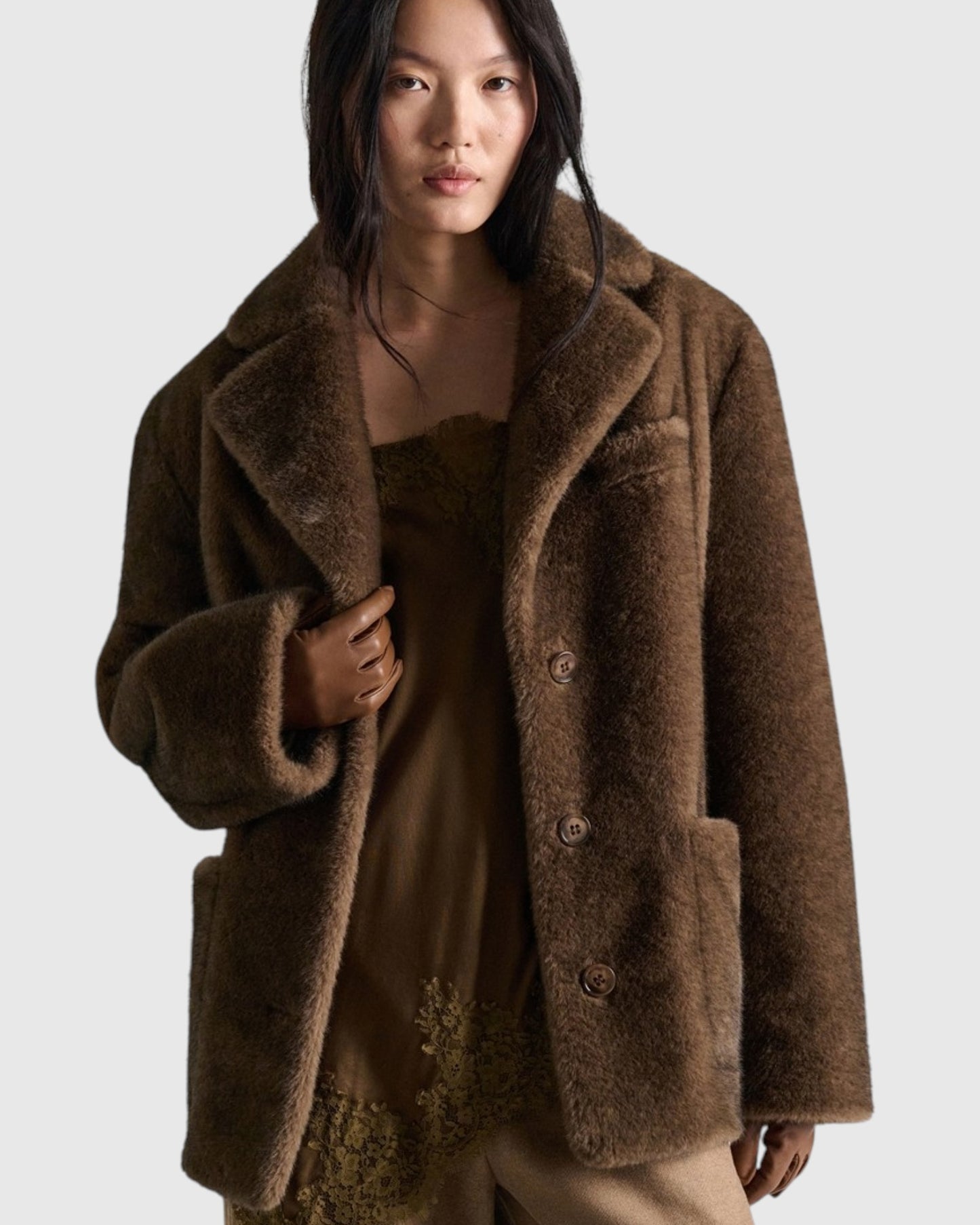 Faux-Fur Jacke im Blazerstil Braun