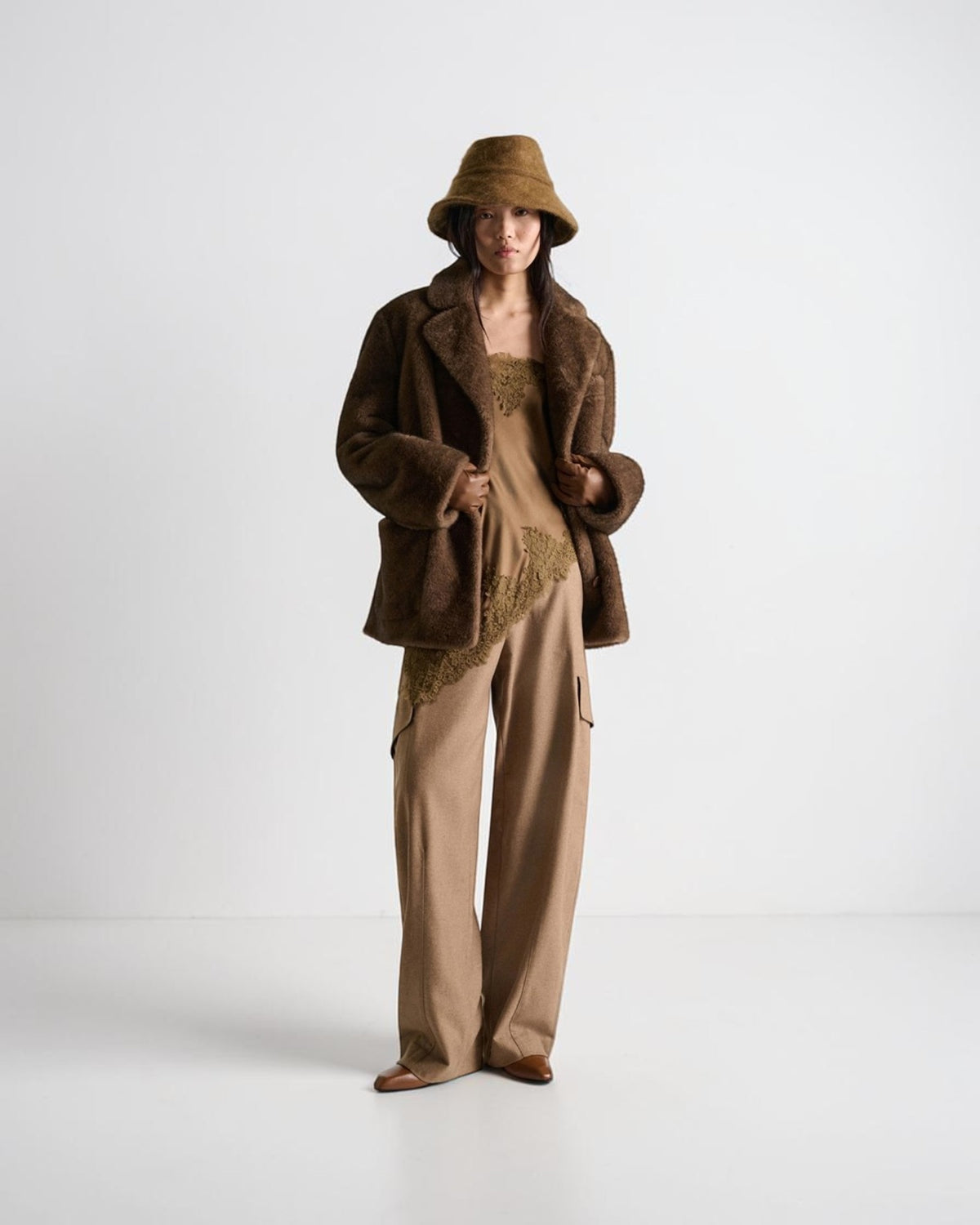 Faux Fur Blazer Jacket Brown
