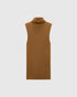 Saffron-brown sleeveless ribbed turtleneck top, front view.