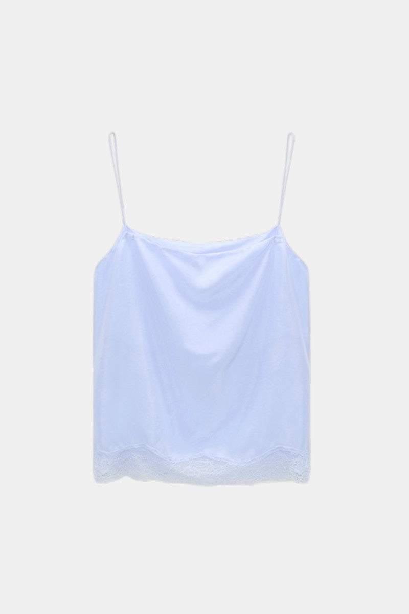 Dorothee Schumacher Top aus Seide Blau mit Spitze als Freisteller von hinten