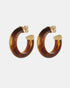 Brown acetate hoop earrings with rounded profiles and gold-tone end caps, shown as a pair.